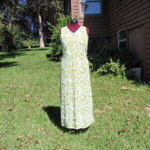 Liz & Jane Sleeveless Green White Linen Maxi Dress Sz M Vintage V-neck